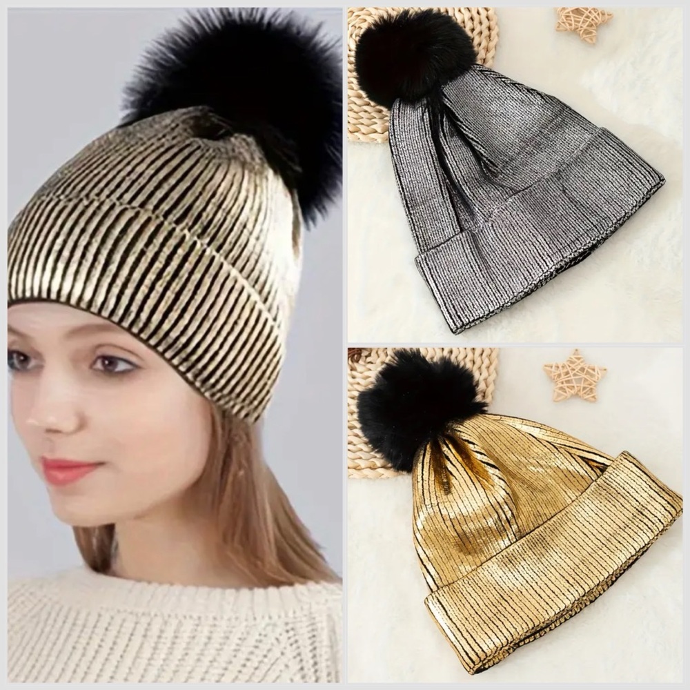 🔥🆕METALLIC Gold or Silver with Black Pom-Pom Beanie